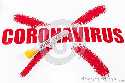 Negative test tube sample for coronavirus over poster signed stop coronavirus. Outbreak and pandemic concept. Stock Photo