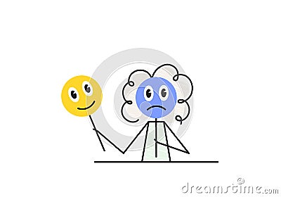 negative thinking, negative thoughts, bad mood, curly girl is holding a sad face mask simple sketch, doodle vector Vector Illustration