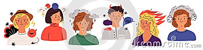 Negative thinking people. Guys and girls in bad mood. Worried persons. Shoulder portraits with gloomy emotions symbols Vector Illustration