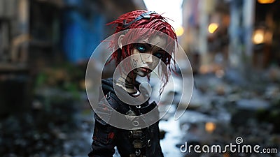 Neglected and lonely lifelike doll with bright red dyed hair in abandoned city backstreets - generative AI Stock Photo