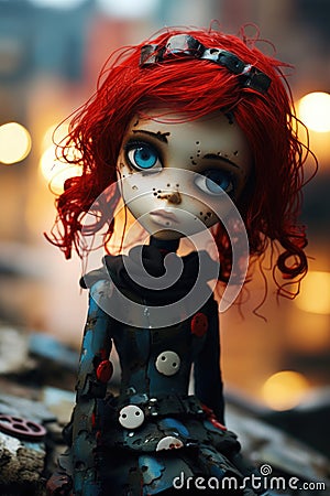 Neglected and lonely lifelike doll with bright red dyed hair in abandoned city backstreets - generative AI Stock Photo