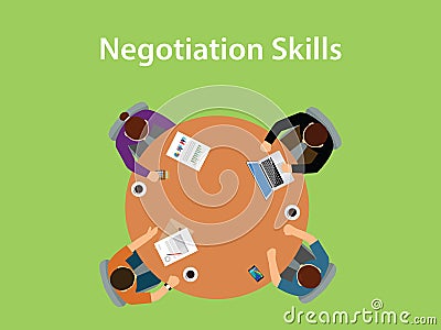 Negotiation skills illustration with four people discuss in one table with paperworks, coffee and laptop on top of table Vector Illustration