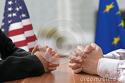 Negotiation of USA and European Union. Statesman or politicians. Stock Photo