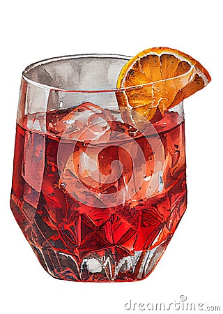 Negroni alcoholic cocktail with ice cubes, lemon, orange in watercolor technique. Cooling summer drink with ice in a Cartoon Illustration