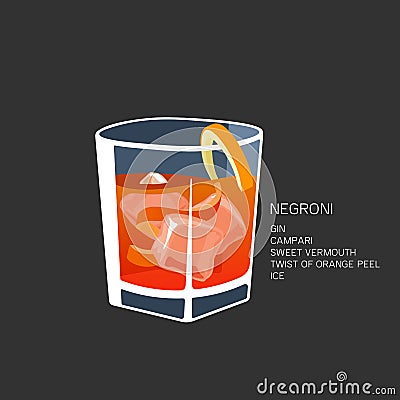 Negroni alcoholic cocktail vector illustration isolated black background Vector Illustration