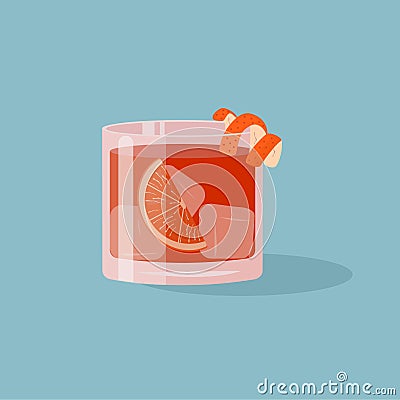Negroni Cocktail in old fashioned glass with ice and orange slice. Aperol or Campari Alcoholic Beverage with citrus peel Vector Illustration