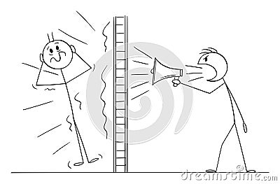 Person or Neighbor Doing Loud Noise Using Megaphone Behind Wall, Vector Cartoon Stick Figure Illustration Vector Illustration