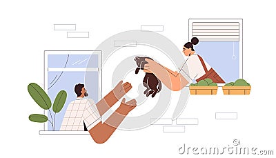 Neighbor, pet sitter helping with animal. Woman giving lost, found kitty from window to man. Good relationship Vector Illustration