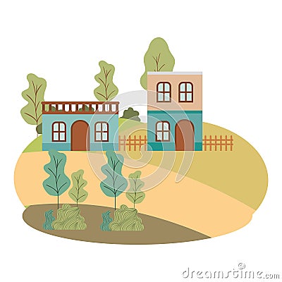 Neighborhood houses in landscape isolated icon Vector Illustration