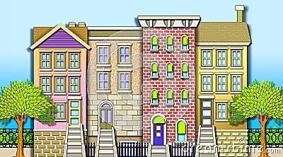 Neighborhood Row Houses Cartoon Illustration