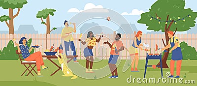 Neighbors and friends have barbecue party outside at the backyard on summer day. People cook and eat grill food, vector. Vector Illustration