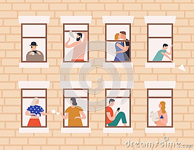Neighbors and neighborhood concept vector flat illustration. Cartoon people living in house with open window frames Vector Illustration