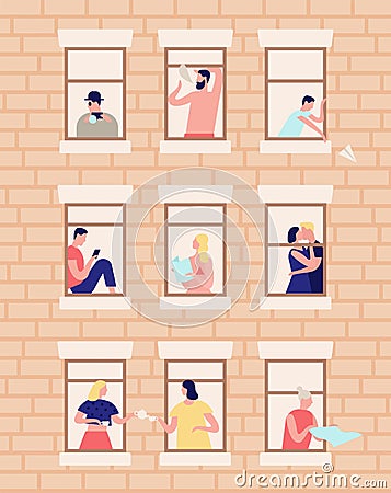 Neighbors and neighborhood. Exterior of building with opened windows and people living inside. Men and women drinking Vector Illustration