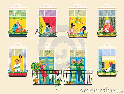 Neighbors people in house windows vector illustration, cartoon flat man woman characters in neighboring home apartments Vector Illustration