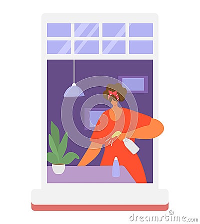 Neighbors people in window vector illustration, cartoon active man woman or couple characters live in neighboring home Vector Illustration