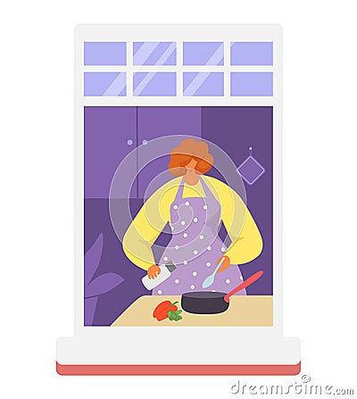 Neighbors people in window vector illustration, cartoon active man woman or couple characters live in neighboring home Vector Illustration