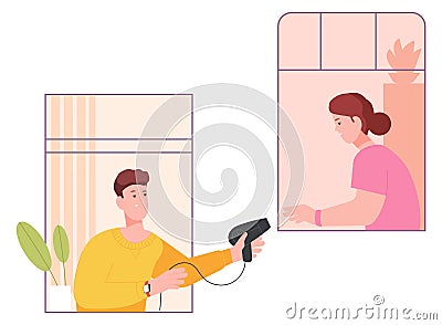 Neighbors sharing things through windows. Friendly neighborhood Vector Illustration