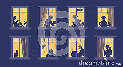 Neighbors in windows. Cartoon characters at their apartment reading book, cooking, watching TV and spending time Vector Illustration