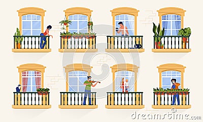 Neighbors in windows. People characters staying at home on quarantine and watching TV, cooking and spending time Vector Illustration