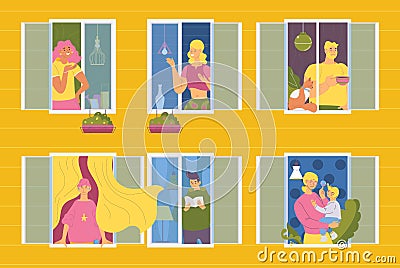 Neighbours in an apartmant flat windows. Various characters talking together or being alone with music, book or cat. Vector Cartoon Illustration