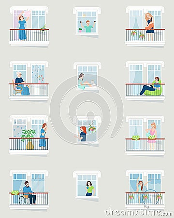 Neighbours In Their Windows Flat Icons Cartoon Illustration