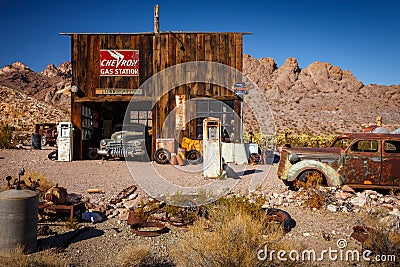 Nelson Ghost Town, Nevada, USA - 4 October, 2019: Abandoned gas station with old rusty classic car in Nelson Ghost Town, Nelso Editorial Stock Photo