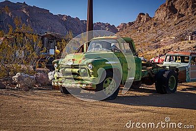 Nelson Ghost Town, Nevada, USA - 4 October, 2019: Old abandoned rusty tow truck in Nelson Ghost Town, Nelson Cutoff Rd Editorial Stock Photo