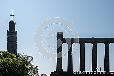 Nelson Monument and National Monument, Calton Hill in Edinburgh Stock Photo