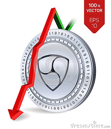 Nem. Fall. Red arrow down. Nem index rating go down on exchange market. Crypto currency. 3D isometric Physical Silver coin isolate Cartoon Illustration