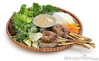 Nem lui fue, vietnamese grilled minced pork sausages on lemongrass skewers Stock Photo