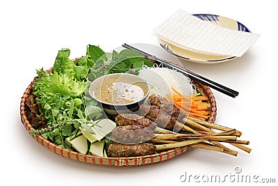 Nem lui fue, vietnamese grilled minced pork sausages on lemongrass skewers Stock Photo