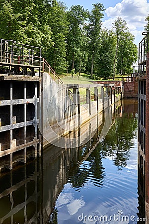 Nemnovo sluice of Augustow Canal is architectural hydrotechnical engineering monument designated as UNESCO World Stock Photo