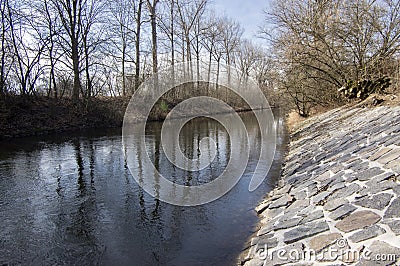 Nemosicka stran forest on the end of winter time, sunlight in branches, way throught amazing natural area, river Stock Photo