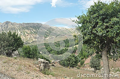 Nemrut Dagi. Mountains on the background of sky. Vertices covered with snow. Stock Photo