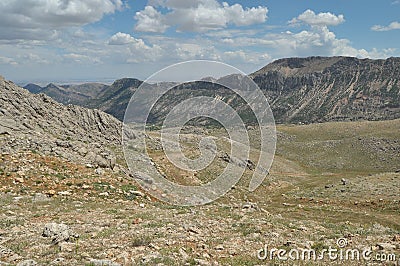 Nemrut Dagi. Mountains on the background of sky. Vertices covered with snow. Tourism Stock Photo