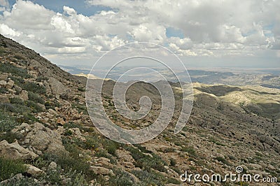 Nemrut Dagi. Mountains on the background of sky. Vertices covered with snow. Stock Photo