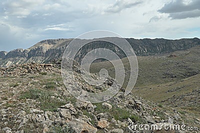 Nemrut Dagi. Mountains on the background of sky. Vertices covered with snow. Tourism Stock Photo