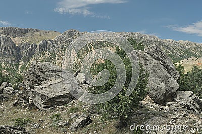 Nemrut Dagi. Mountains on the background of sky. Vertices covered with snow. Tourism Stock Photo