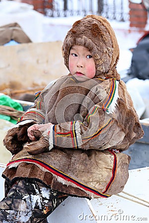 Nenets boy-herder in traditional fur clothing Editorial Stock Photo