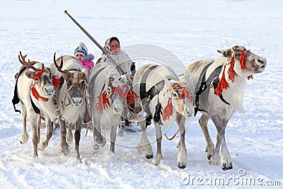 The Nenets woman and the child go on deer Editorial Stock Photo