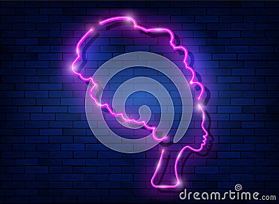 Afro retro girl neon sign. African woman in traditional turban, glowing pink neon female with retro hair style isolated on wall Vector Illustration