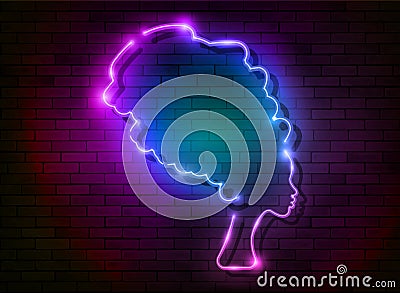 Afro retro girl neon sign. African woman in traditional turban, glowing blue colorful neon female with retro hair style isolated Vector Illustration