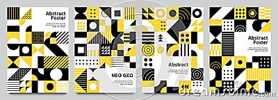 Neo geometric posters. Modern grid pattern with geometrical shapes. Abstract yellow, white and black backgrounds vector Vector Illustration