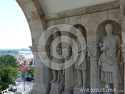 Neo- Gothic standing statues in the Buda district to Budapest in Hungary. Editorial Stock Photo