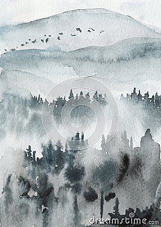 Neo-noir landscape. Blue valley with mountains and forest in fog - hand drawn watercolor painting Stock Photo