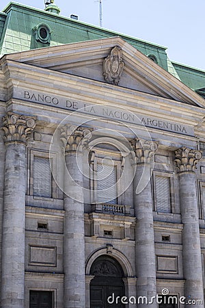 Neoclassical frontage of the headquarters of Banco de la Nación Argentina, Argentine National Bank, in Plaza di Mayo, Buenos Editorial Stock Photo