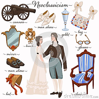 Neoclassicism age, characters and culture objects Vector Illustration