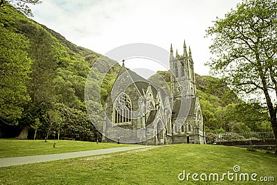 Neogothic cathedral at Kylemore Abbey, in Connemara, County Galway, Republic of Ireland. Editorial Stock Photo