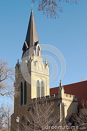 Neogothic Church Spire and Belltower Stock Photo