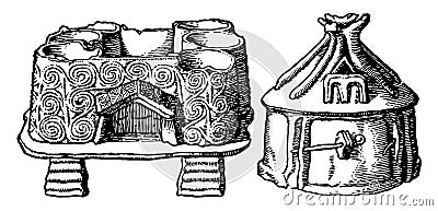 Neolithic Age Hut Urns are first drawing probably representing a lake dwelling, vintage engraving Vector Illustration